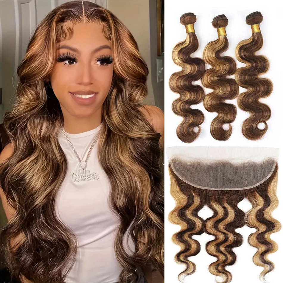 Body Wave Bundles With Frontal Highlight Remy Human Hair 2/3/4 Bundles With 13x4 Transparent Lace Frontal P4/27 Piano Color Hair