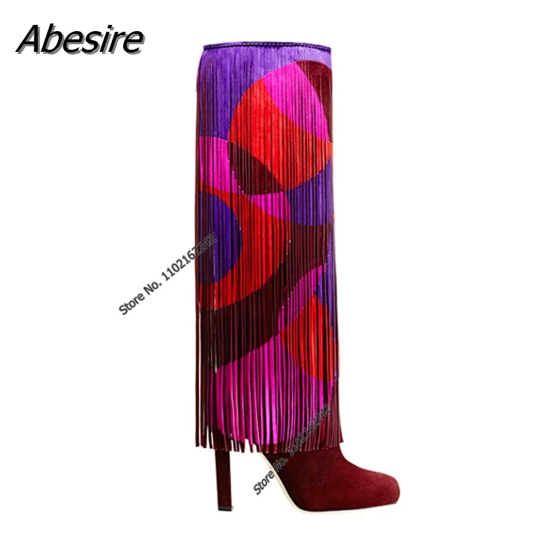 Ladies Long Fringe Tall Boots Pointed Toe High Heel Colorful Pattern Boots Party Prom Fashion Boots Gladiator T-Stage Show