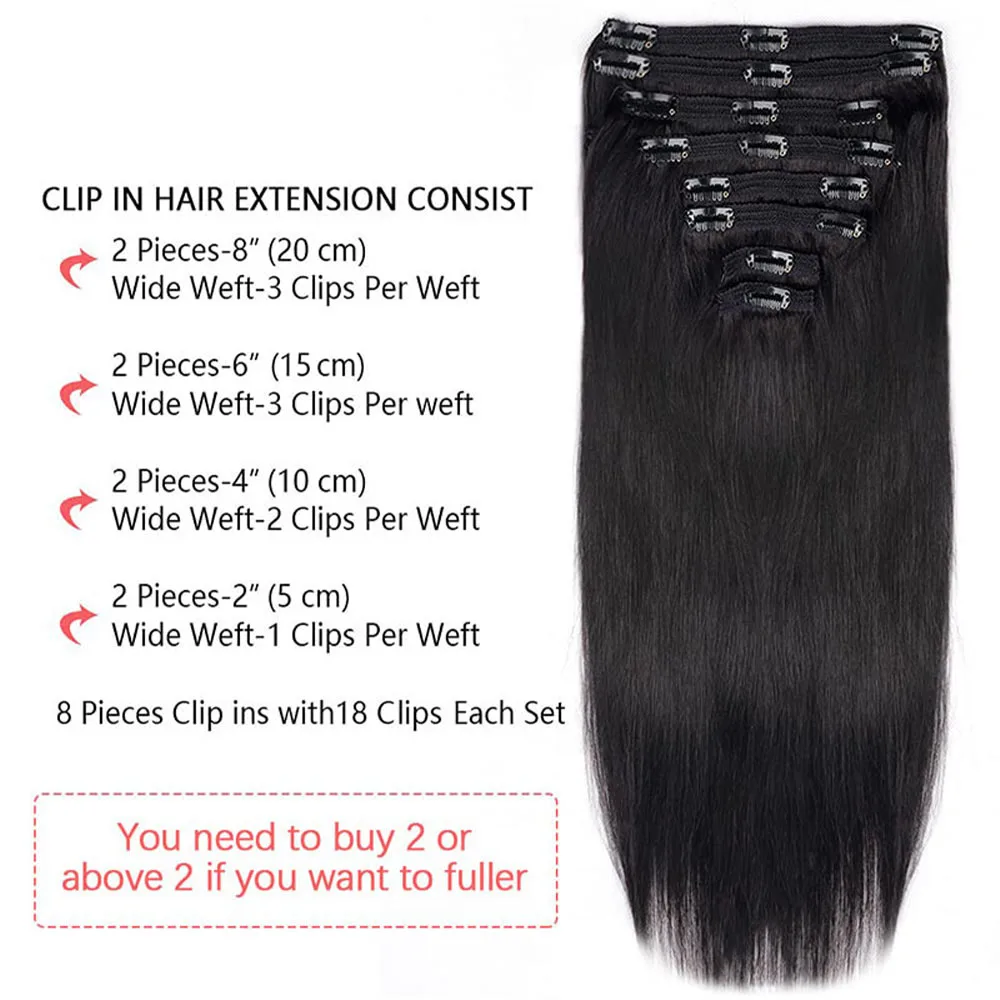 Straight Clip In Human Hair Clip in Hair Extensions for Black Women 100% Human Hair Set Virgin Hair Natural Black Color