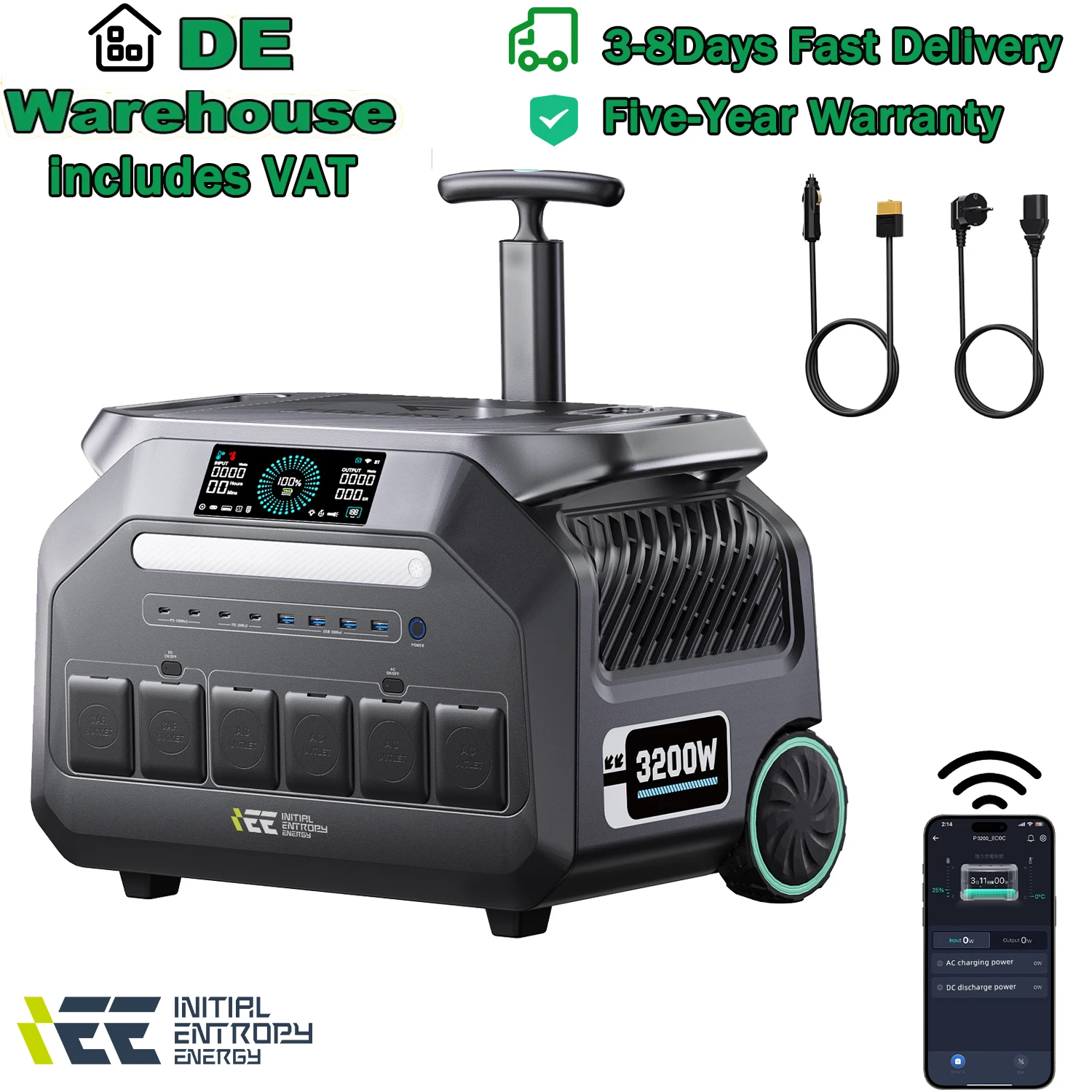 Station d'alimentation portable IEE P3200 3200W, batterie LiFeP04 2048Wh, sortie AC EU (sortie maximale 6400W), chariot pour camping-car, camping, fourgonnette