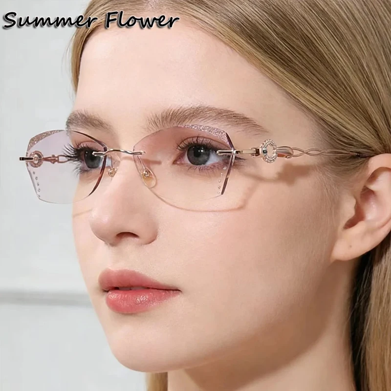 

Luxury Female Glasses Frame Optical Gafas Women Glitter Titanium for Recipe Trimmed Lenses Eyeglasses Frames Rimless Spectacles