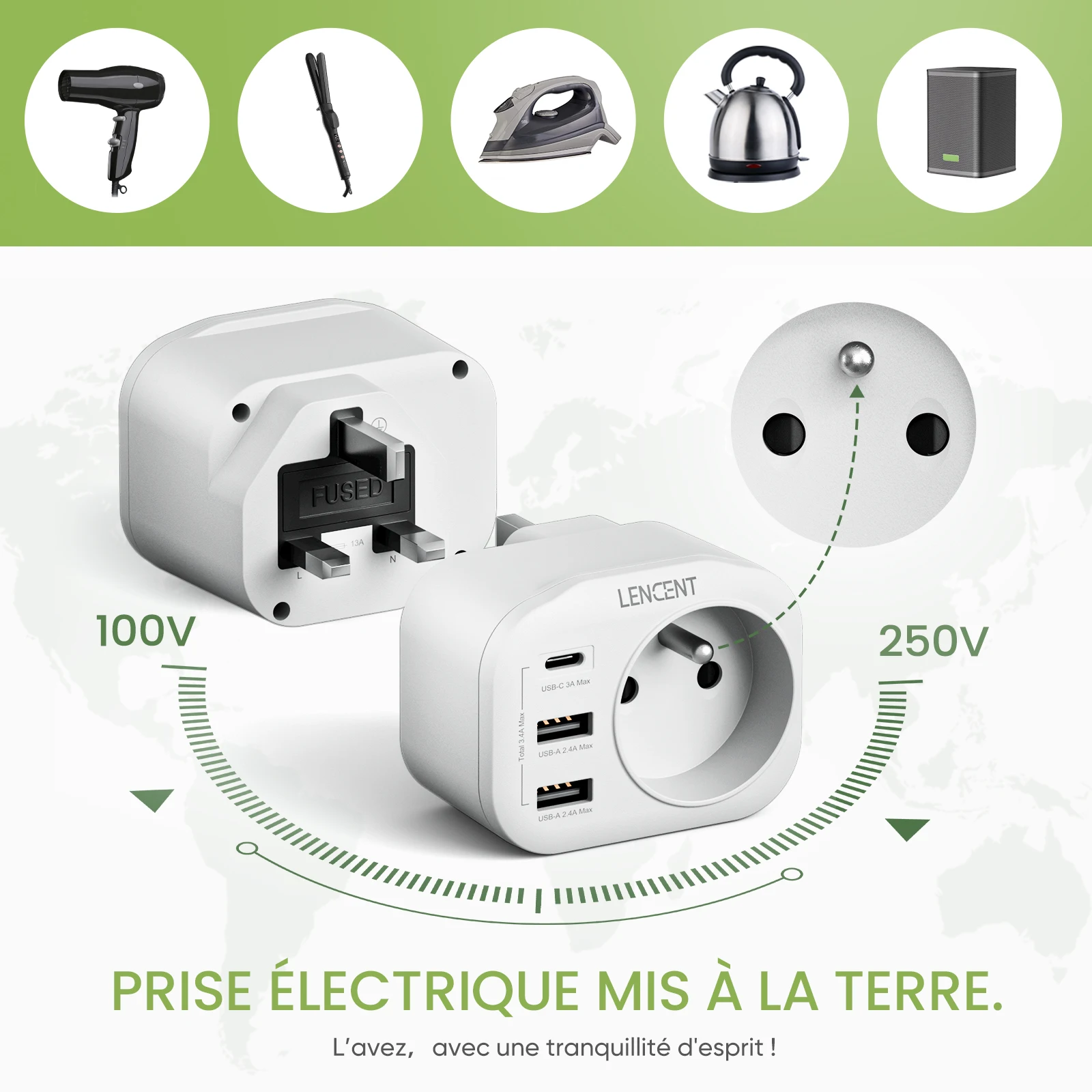 LENCENT 2 حزمة FR إلى المملكة المتحدة محول السفر مع 1 مخرج تيار متردد 2 منافذ USB و 1 نوع C 4 في 1 محول الجدار شاحن للمنزل/السفر