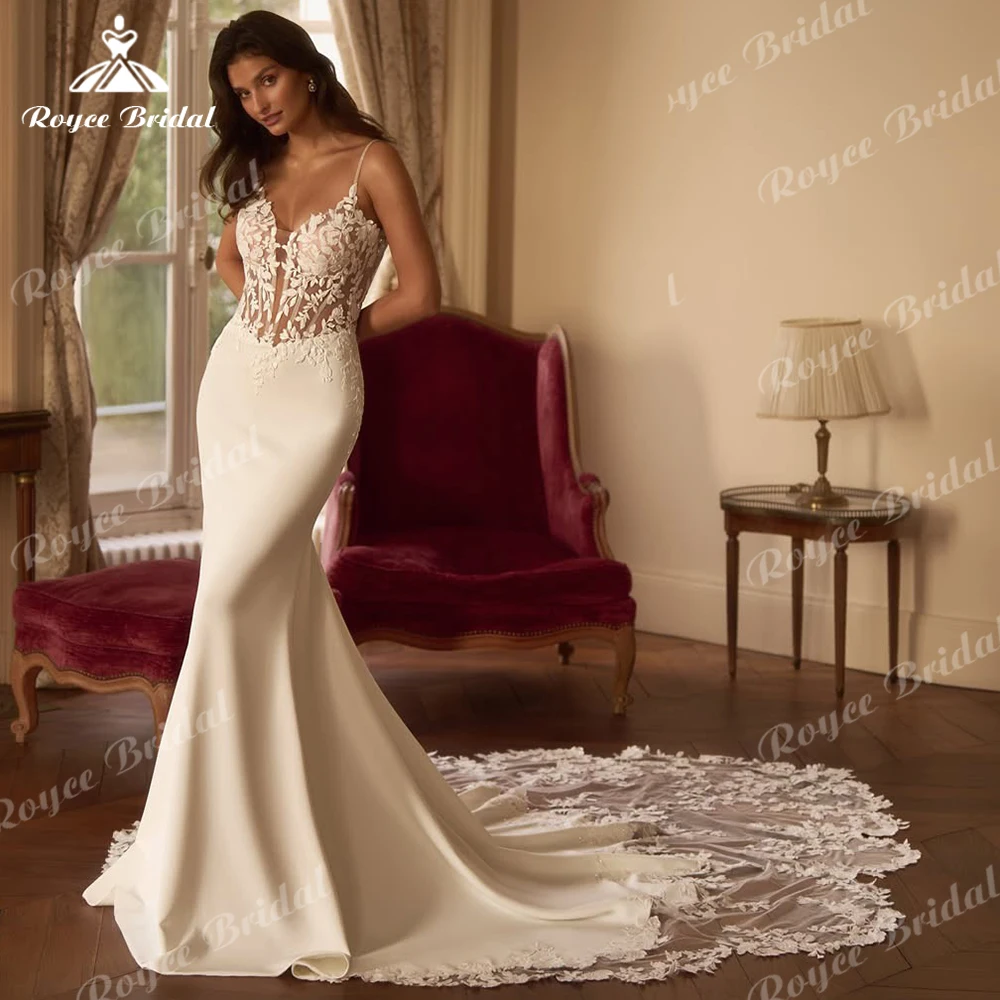 

Roycebridal V Neck Satin Mermaid Wedding Dress Hollow Lace Appliques Bridal Gowns Spaghetti Straps Wedding Gowns Customized