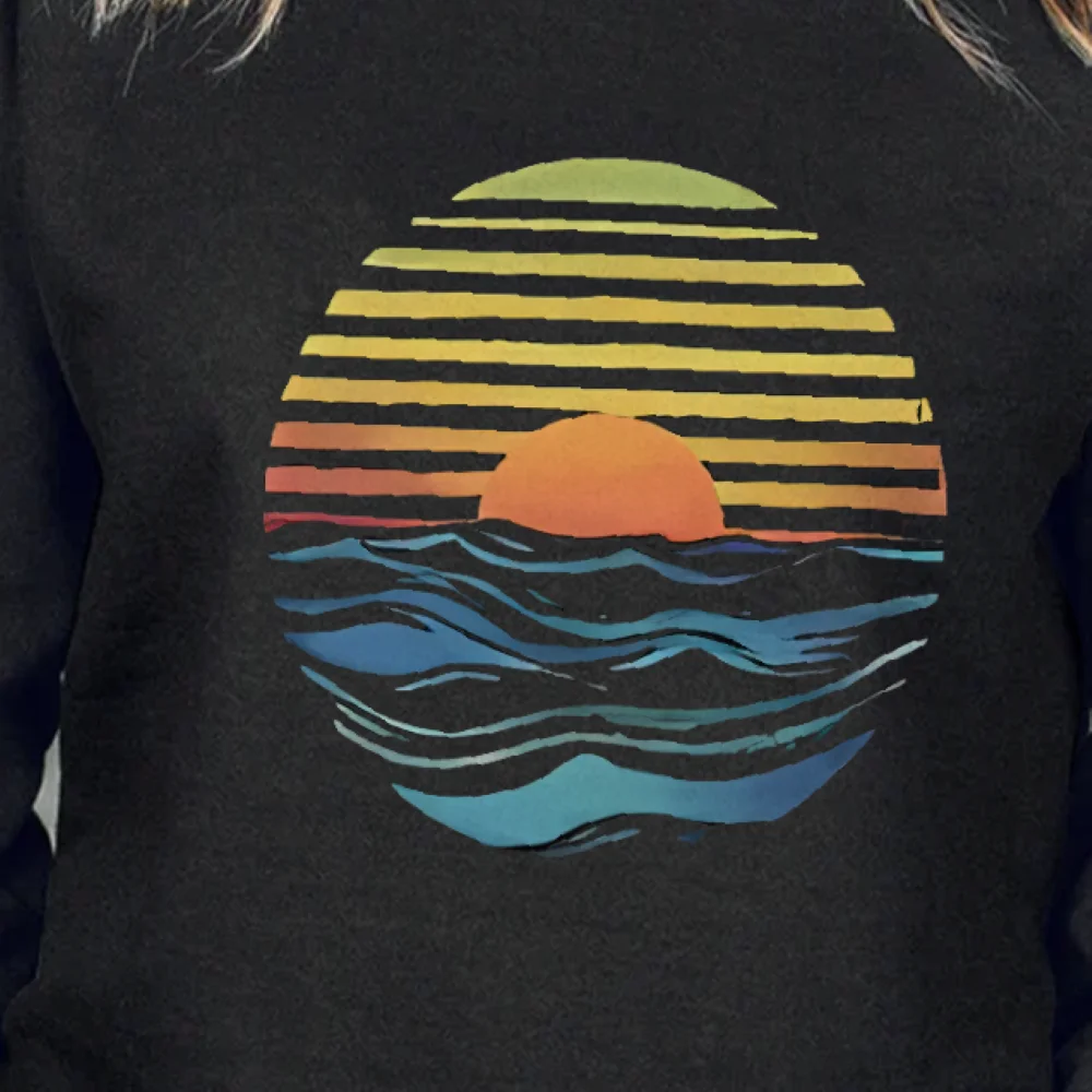 Sunset Wave Sweatshirt Coastal Graphic Design Trendy Fall Winter Casual Loose Long Sleeved Relaxing Comfortable Cloth Tops