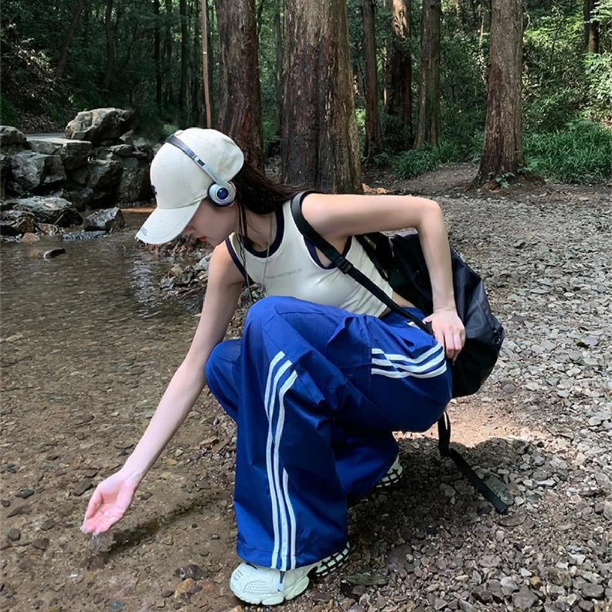 النساء Y2k واسعة الساق السراويل الترنك فضفاض الجانب مخطط ركض Sweatpants مرونة الخصر كتلة اللون المظلة السراويل مع جيوب