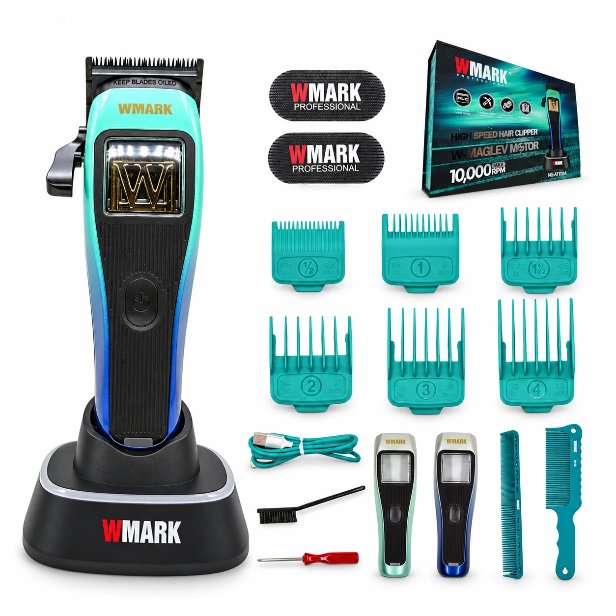 Fade Hair Clippers for Men 10000RPM WMARK NG-X1 Polar Green Vector Motor DLC Coated Blade 5-Level Taper Lever 6 Magnetic Guards