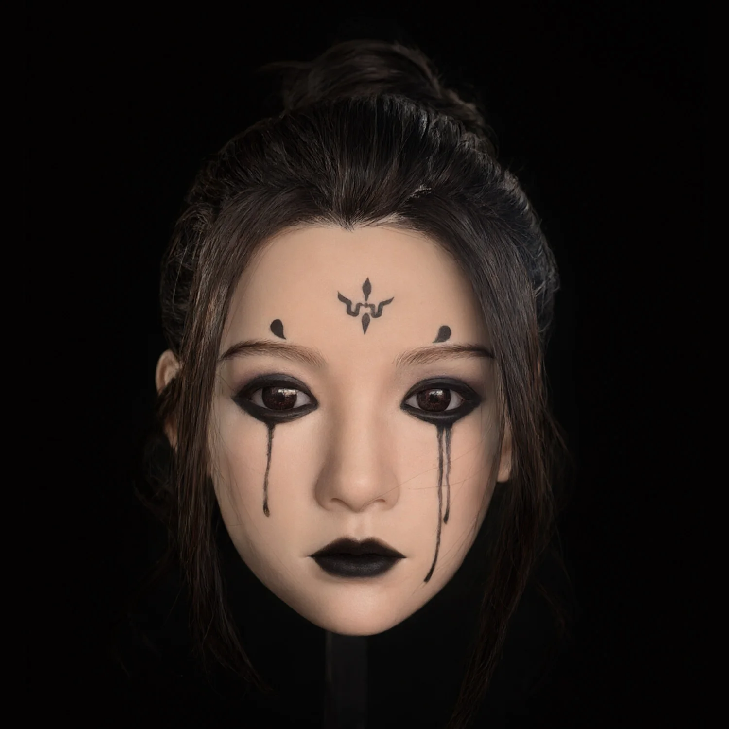 Silicone Model Head with Handmade Dark Ancient Face Painting, M16 Interface, Rooted Hair for Art Display & Makeup Practice