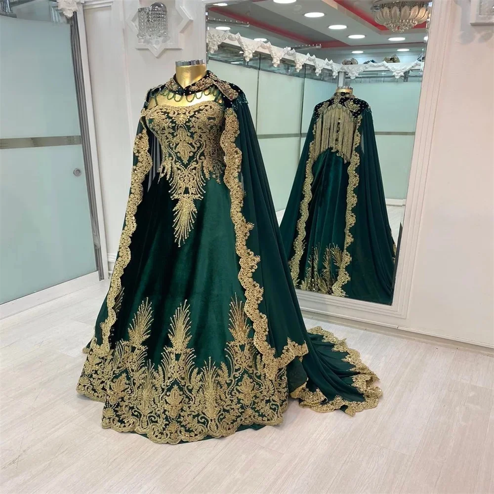 Luxe Kaftan Marokkaanse Avondjurk Elegante Smaragd Moslim Galajurk Met Cape Applicaties Dubai Abaya Formele Hochzeit Aangepast - afbeelding 2