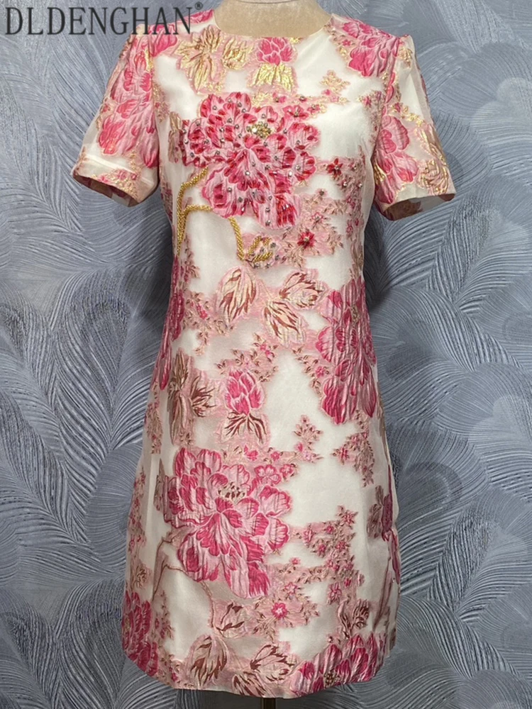 

DLDENGHAN Women's Summer Classic Style Exquisite Mini Dresses O-Neck Short Sleeves Jacquard Beading Gold stamping New model