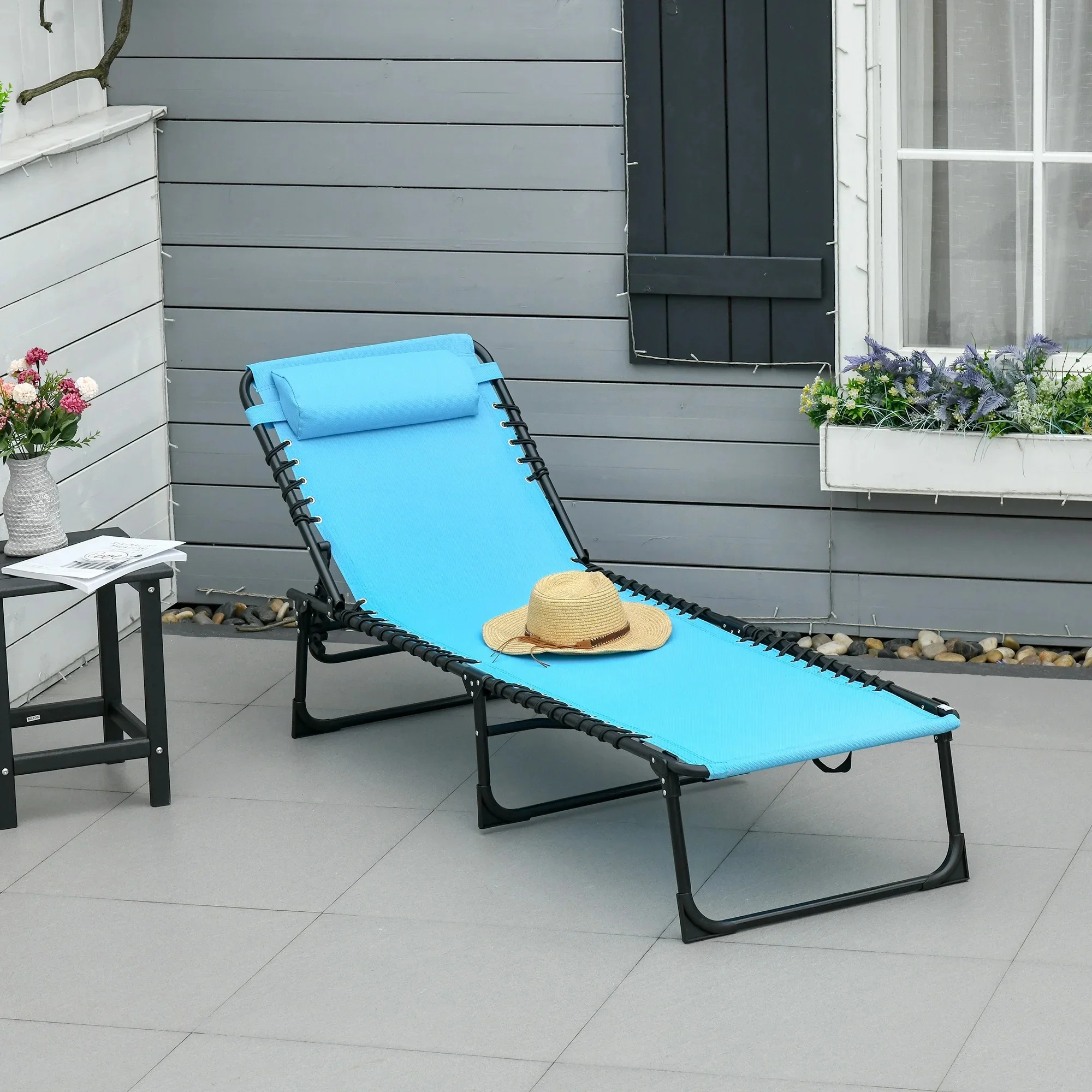 Outsunny Chaise longue inclinable de jardin pliante et réglable à 3 positions avec système de dentelle 197 x 58 x 76 cm