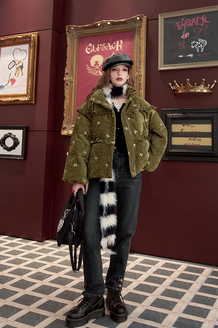 ELFSACK Winter Bow Embroidery Down Jacket for Women, Sweet And Cute Warm Velvet Cloth Thick Warm Coat