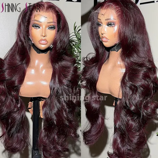 Perruque Lace Frontal 13x4 « Wear and Go » sans colle, cheveux naturels, texture ondulée (Body Wave), couleur bordeaux ; perruque Lace Closure 13x6 sans colle, prête à porter.