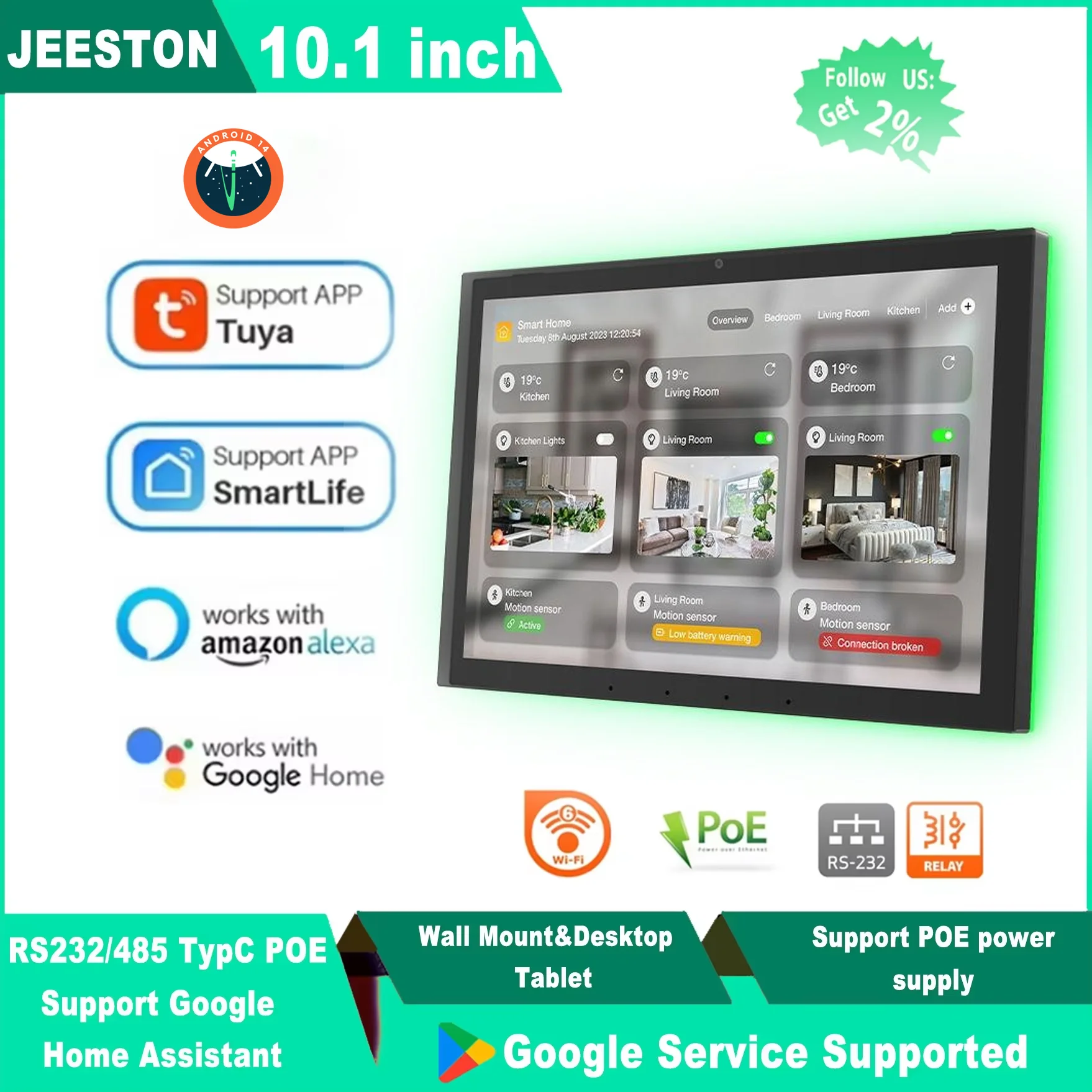 

Настенный 10-дюймовый планшет на Android 14 для умного дома, 4G, 64 ГБ, сенсорный, Tuya Home Assistant, POE, WiFi, BT, RS485, DC-вход