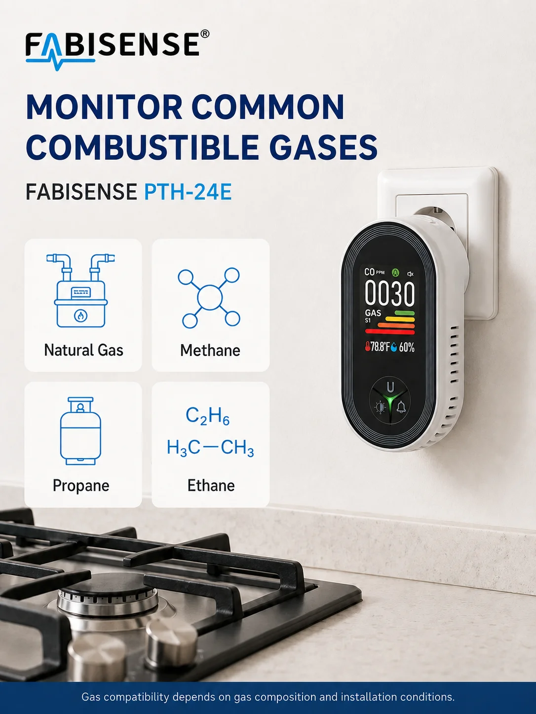 FABISENSE 4-in-1 Plug-in-Kohlenmonoxid- und Gasdetektor, CO-Alarm, Gasanalysator-Display mit Feuchtigkeits-/Temperatursensor für Zuhause – Detail 4