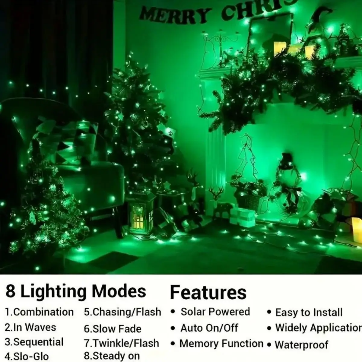 1pc Solar Powered Green String Lights, 8 Lighting Modes, Waterproof Outdoor Decoration For Halloween, Garden, Party, Holiday