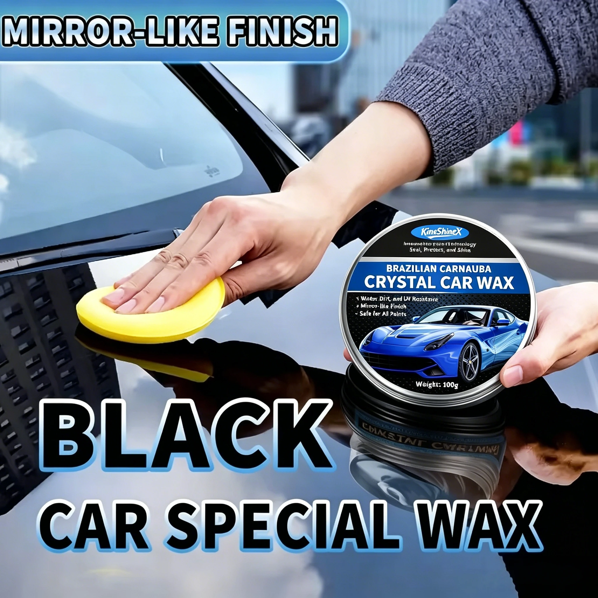 Solid Carnauba Car Polish Wax 100g Complete Set with Sponge Pad and Cleaning Towel, Hydrophobic Paint Sealant Wax for Vehicle Daily Surface Maintenance & Brightness Restoration
