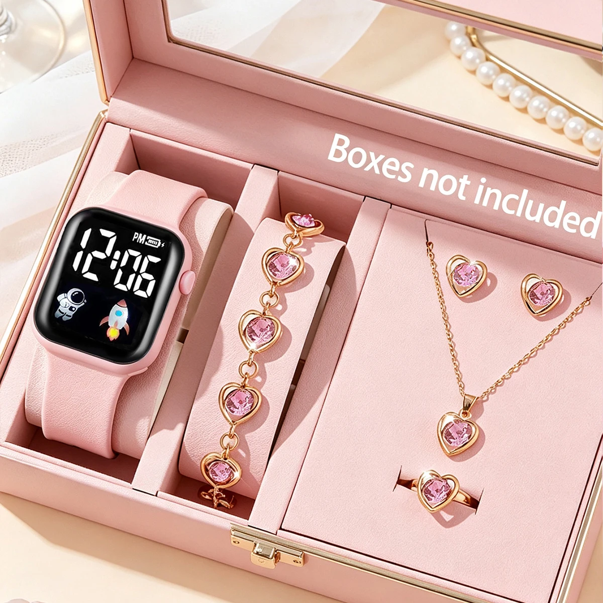 6-Piece Set, Casual and Cute Rocket-Patterned Electronic Watch with Heart-Shaped Rhinestone Jewelry Set, Cute Pink Color, for Girls, Daily Casual Wear, Great Gift for Kids, Perfect Gift for New Year, Christmas, Halloween and Other Holidays.