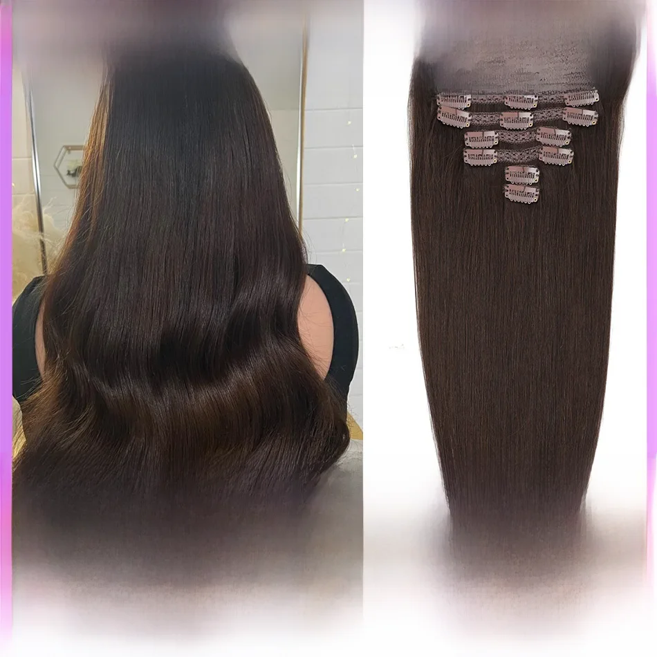 100-200 gram clip-in haarverlenging 100% remy menselijk haar donkerbruin clip-on haarstukje vol hoofd 14-28 inch voor salonbenodigdheden - afbeelding 2