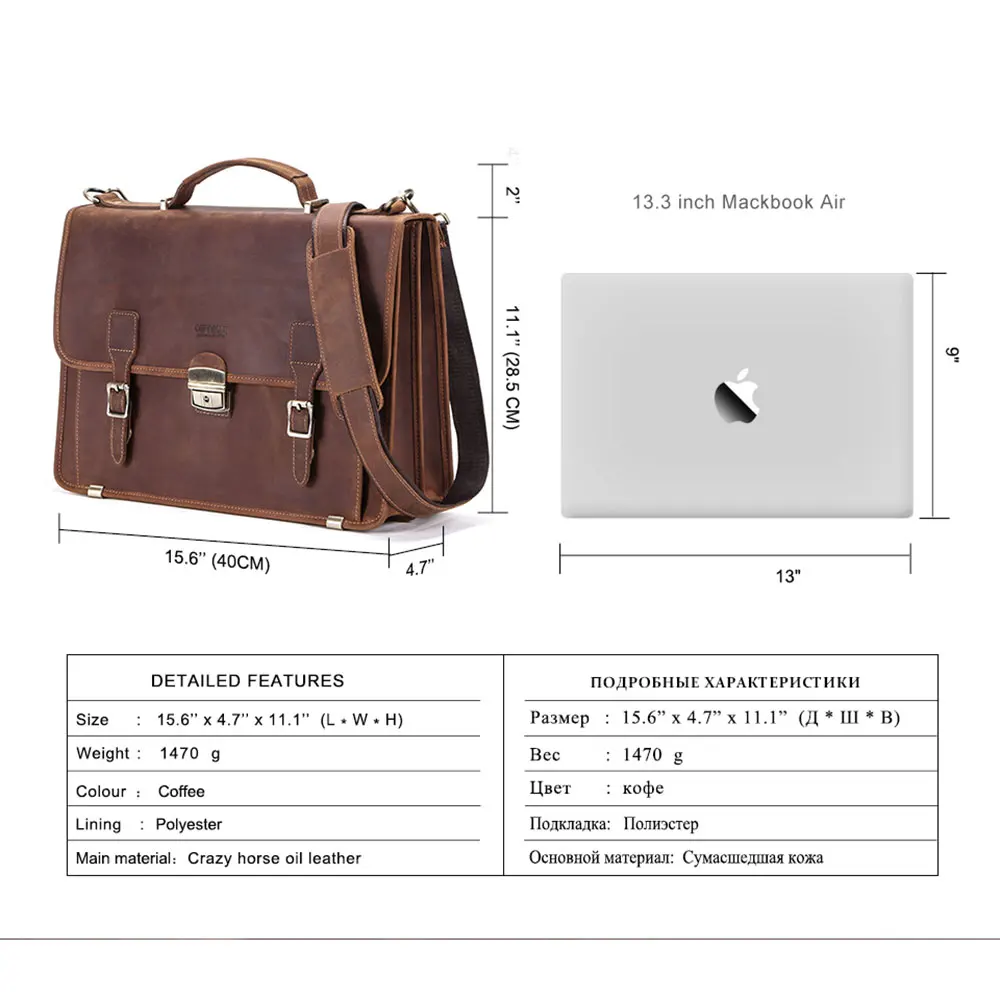 Retro Luxury Genuine Leather Briefcase Laptop Bag for Macbook Air 13.3 Inch with Cover and Shoulder Strap Business Crossbody Bag