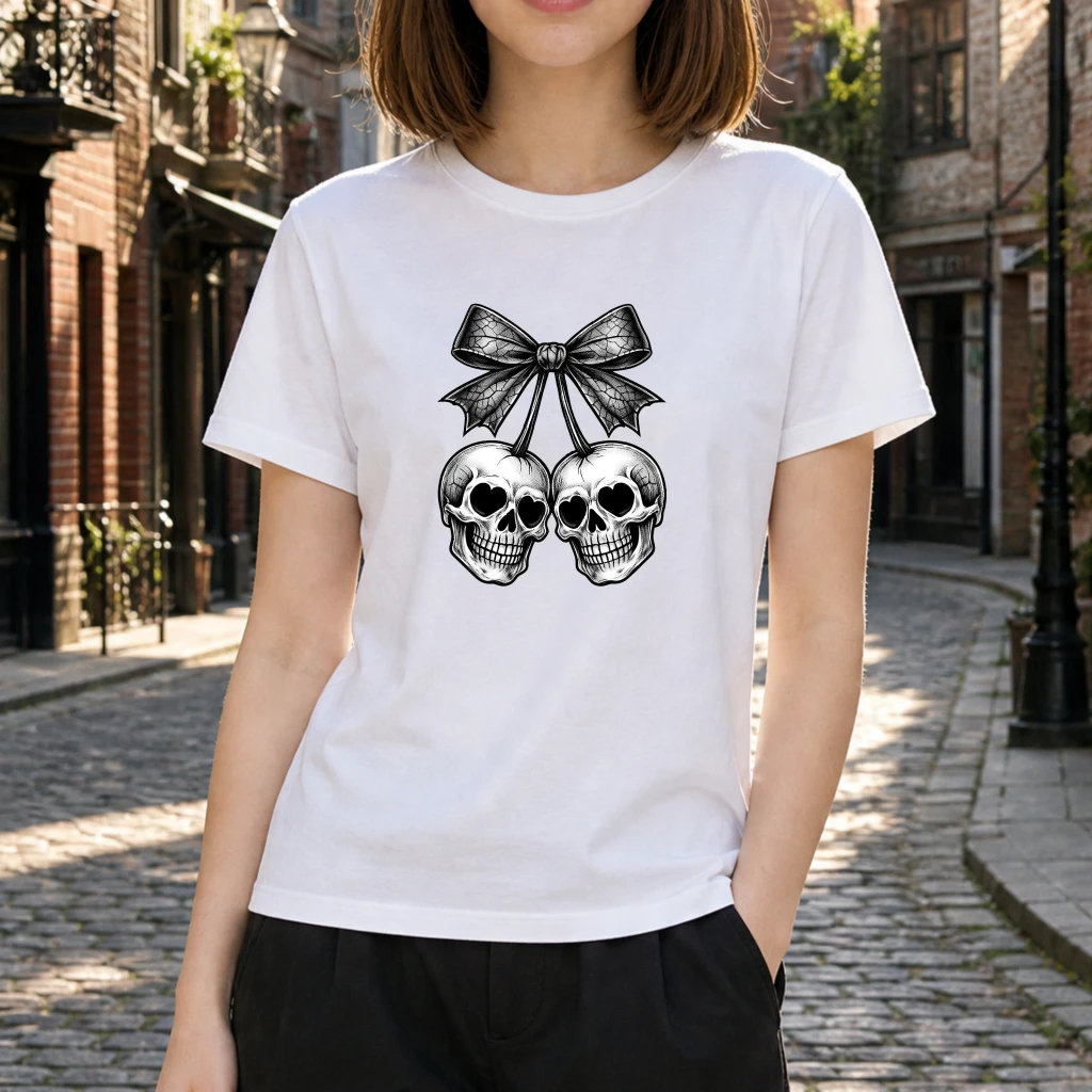 Checkered Bow Graphic Women T‑Shirt, Cute Halloween Ghost Print Short Sleeve Tee, Soft Casual Daily Top, Fun Gift for Lovers.