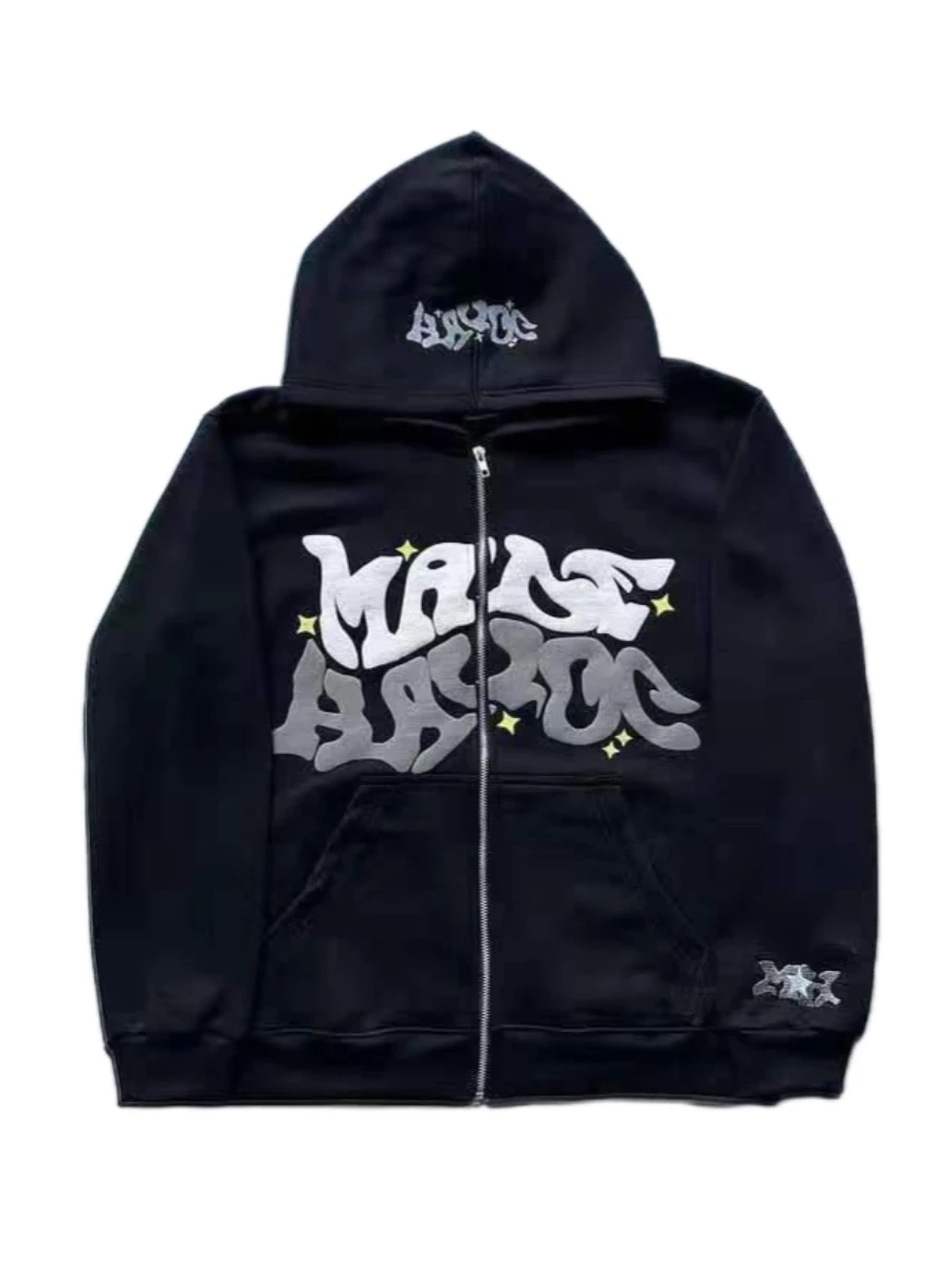 New Y2K zipper hoodie Gothic retro letter hoodie men punk Harajuku hip-hop loose casual couple fashion sports hoodie street wear