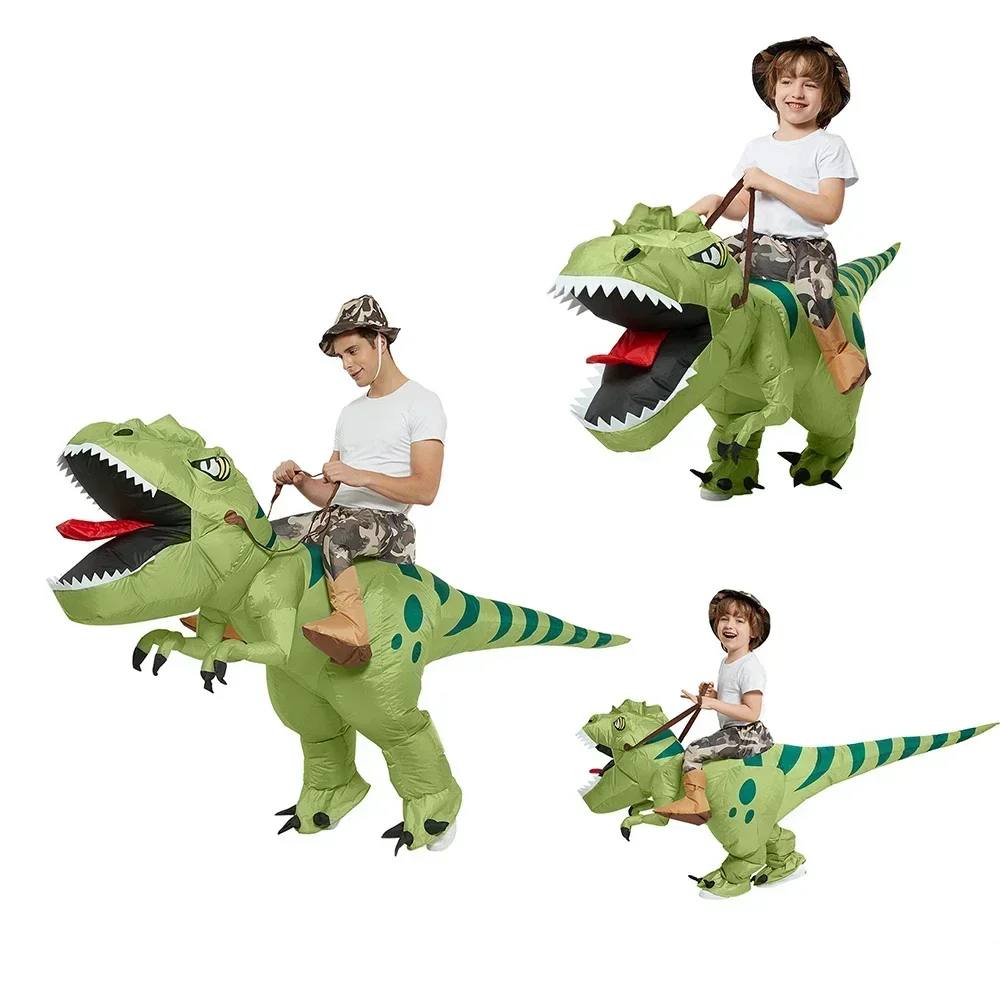 Nieuwe Hot Koop Grappig Kind Volwassen Opblaasbaar Rijden Groene Dinosaurus Cosplay Kostuum Kids Fancy Dress Halloween Vakantie Themafeest - afbeelding 2