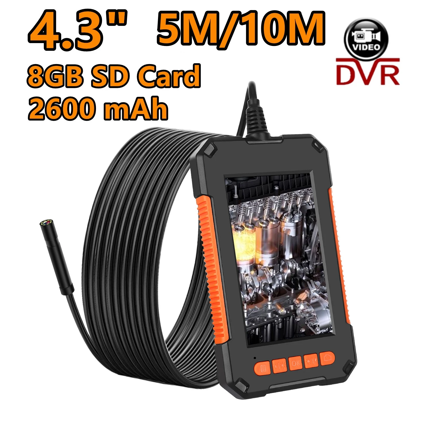 

4.3“ HD Screen 8mm Endoscope Camera IP67 Waterproof Industrial Borescope Pipe Inspection Camera With DVR 8GB SD Card 1080P