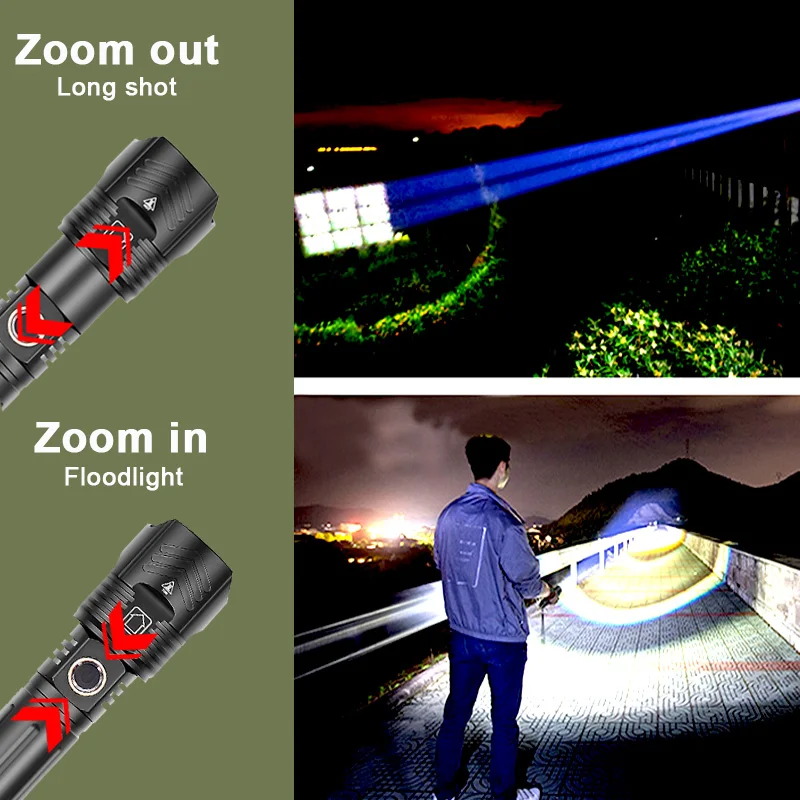 9900000000LM Most Powerful LED Flashlight 1000W USB Telescopic Zoom Light XHP360 Tactical Lantern 9000M Long Range Input/Output