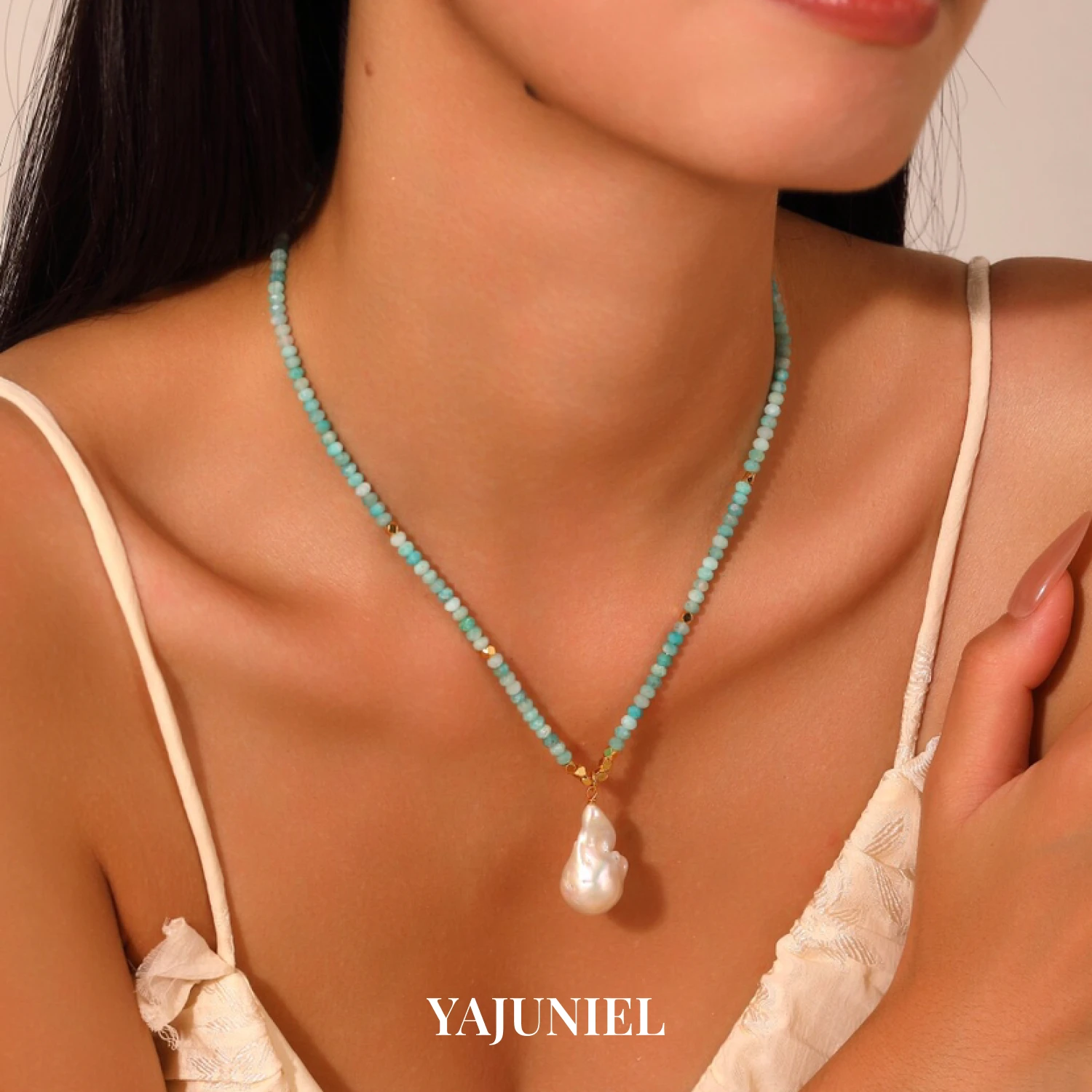 

YAJUNIEL Natural Amazonite Gemstones Necklace with Freshwater Baroque Pearl Pendant Hypoallergenic Boho Jewelry Gifts for Women