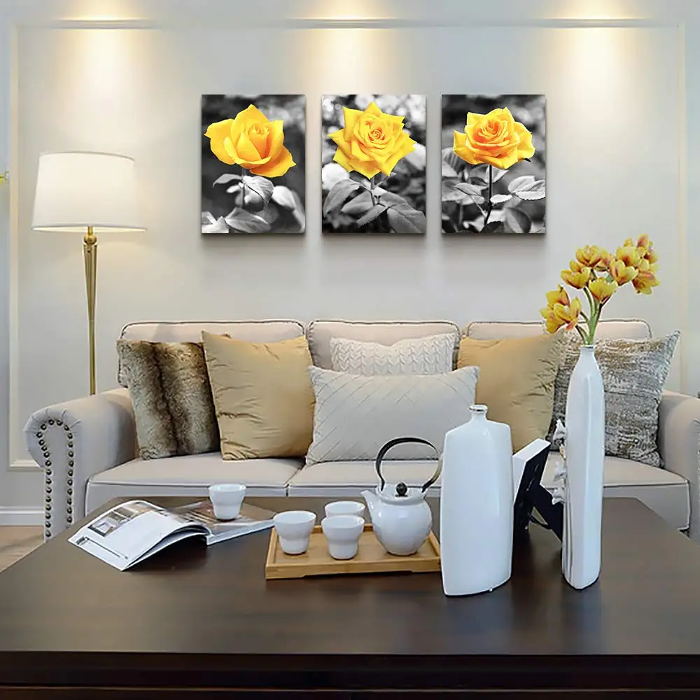 Golden Yellow Rose Canvas Wall Art Print - Stunning Dark Black and Golden Yellow Rose Paintings for Living Room, Bedroom, B