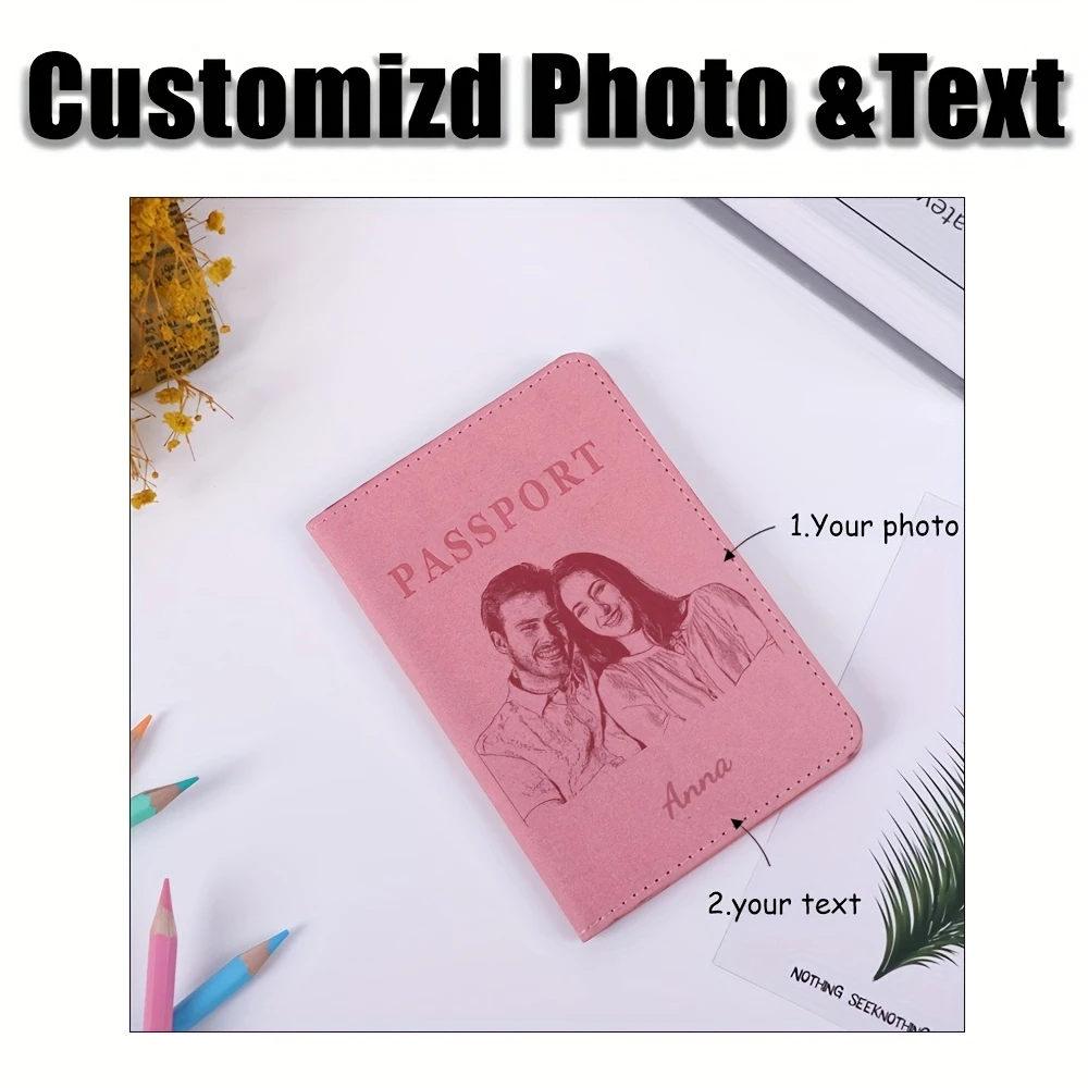 Custom Photo & Text Golden Foil Faux Leather Passport Holder, Couple Cover, Ideal for Valentine's/Father's/Mother's/Business Gif view 4