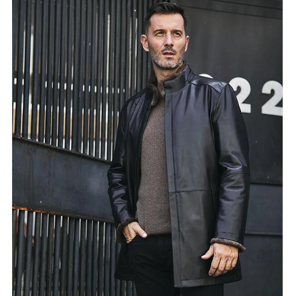 Denny&Dora Men’s Leather Jacket – Black Mid-Length Cowhide Coat with Mink Fur Lining​