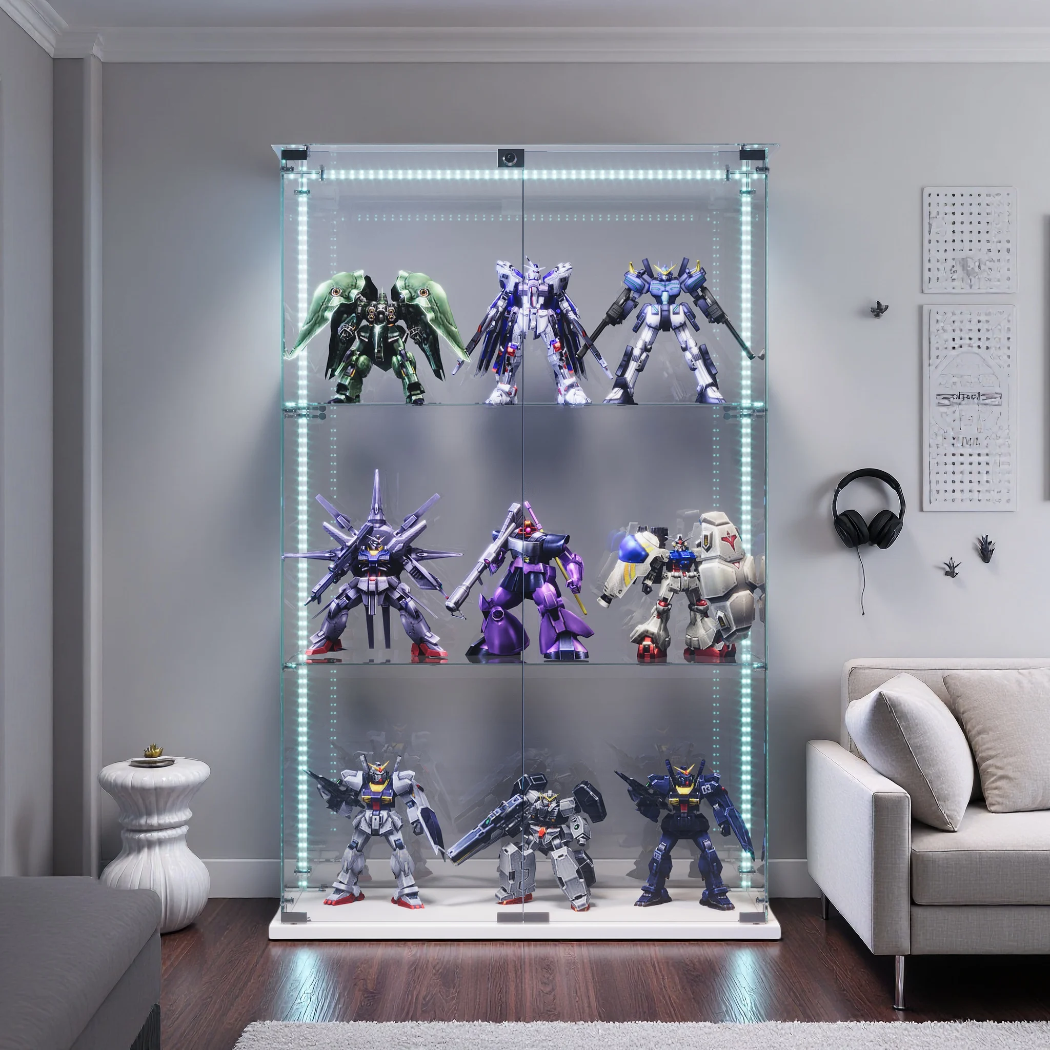 Vetrina in vetro bianco, 78,5x35x123,3 cm, moderna vetrina in vetro con luci a LED, mobiletto portaoggetti con 2 ante e 3 ripiani, per soggiorno, camera da letto, ufficio