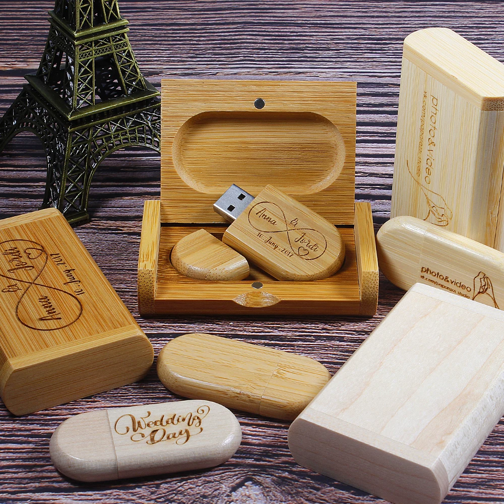 Unidad Flash para fotografía, pendrive de madera con logotipo personalizado gratis de 64GB, 32GB, 16GB, USB 2,0, disco U de bambú de 8GB, regalos de boda