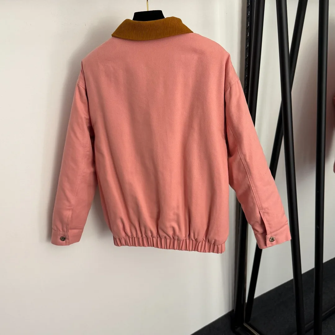 

2025 Autumn And Winter New Women Clothes Embroidered Patch Corduroy Lapel Stitching Long Sleeve Cotton Jacket Pink Coat