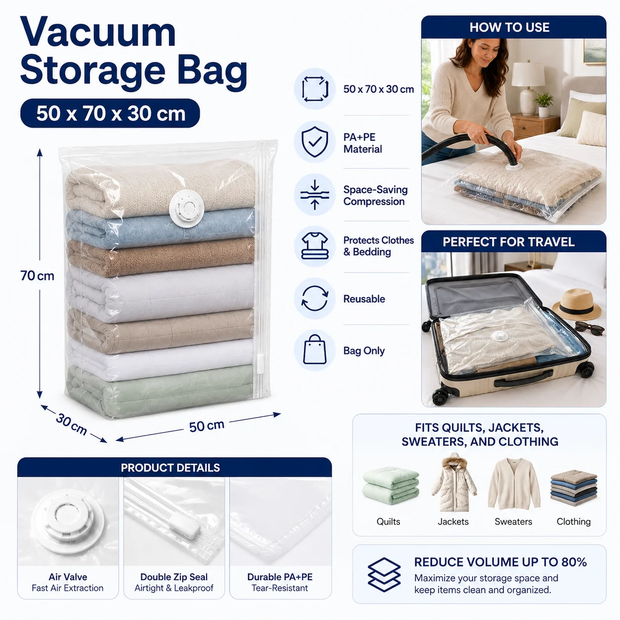 Reusable Vacuum Storage Bag – Space Saving Compression Up to 80%, 70x50x30cm – Airtight Storage for Clothes, Bedding, Quilts & Travel Luggage Organizer