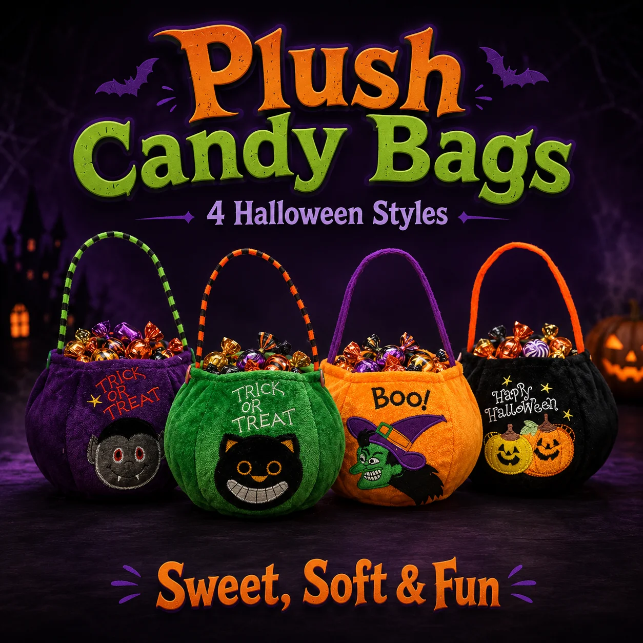 1 Stück Halloween Plüsch-Süßigkeitentasche Trick-or-Treat-Korb mit Tragegriff 4 Cartoon-Designs für Partygeschenke – Detail 1