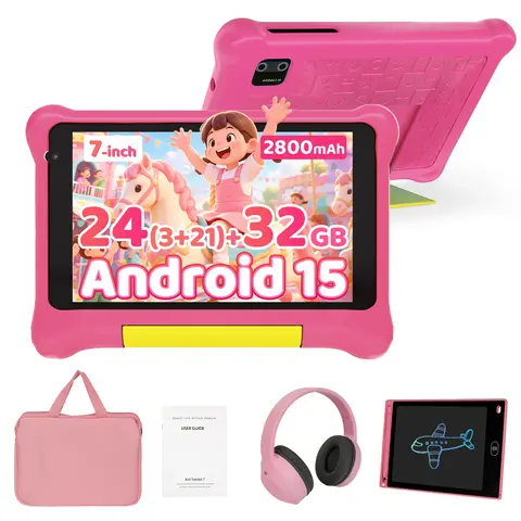 7 Inch Kids Tablet Full Set Android 15 24GB(3+21GB Virtual) 32GB ROM Five‑Core Processor 2800mAh WiFi Bluetooth5.4 With Headphone Writing Drawing Board Carry Bag Children Educational Learning Tablet