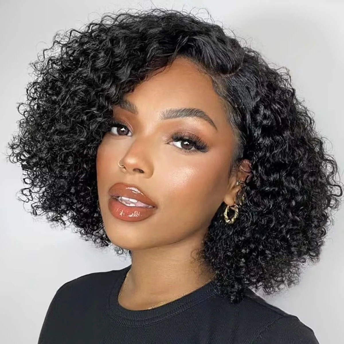 Pelucas Bob de Onda Profunda 13x4 de Densidad 250% Brasileñas, 100% Cabello Humano, Color Negro Natural, Pelucas con Cierre 4x4, Pelucas de Cabello Humano Rizado Profundo para Mujer, Pelucas de Cabello Corto Rizado
