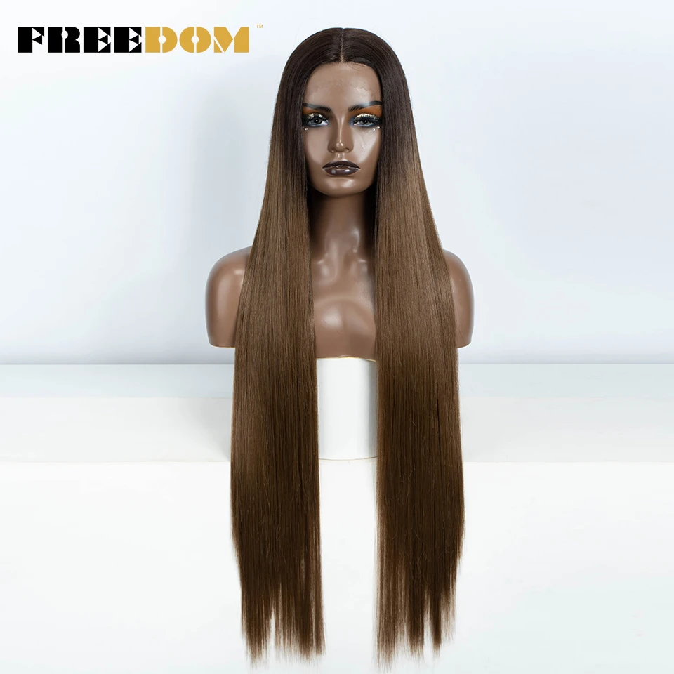 VRIJHEID Rechte Synthetische Kant Voor Vrouwen 38 Inch Lange Ombre Bruin Rood Blond Hoogtepunt Kant Frontale Pruiken Cosplay Pruik