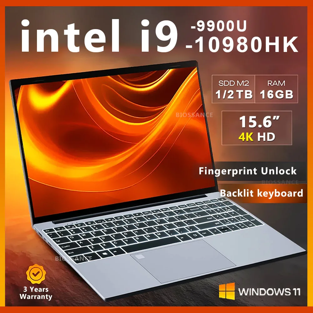 Laptop da gaming con Windows 11, Intel Core i9-10980HK/i9-9900U, 16GB di RAM, SSD da 1TB/2TB, notebook per ufficio e studio, sblocco con impronta digitale, tastiera retroilluminata, computer PC.