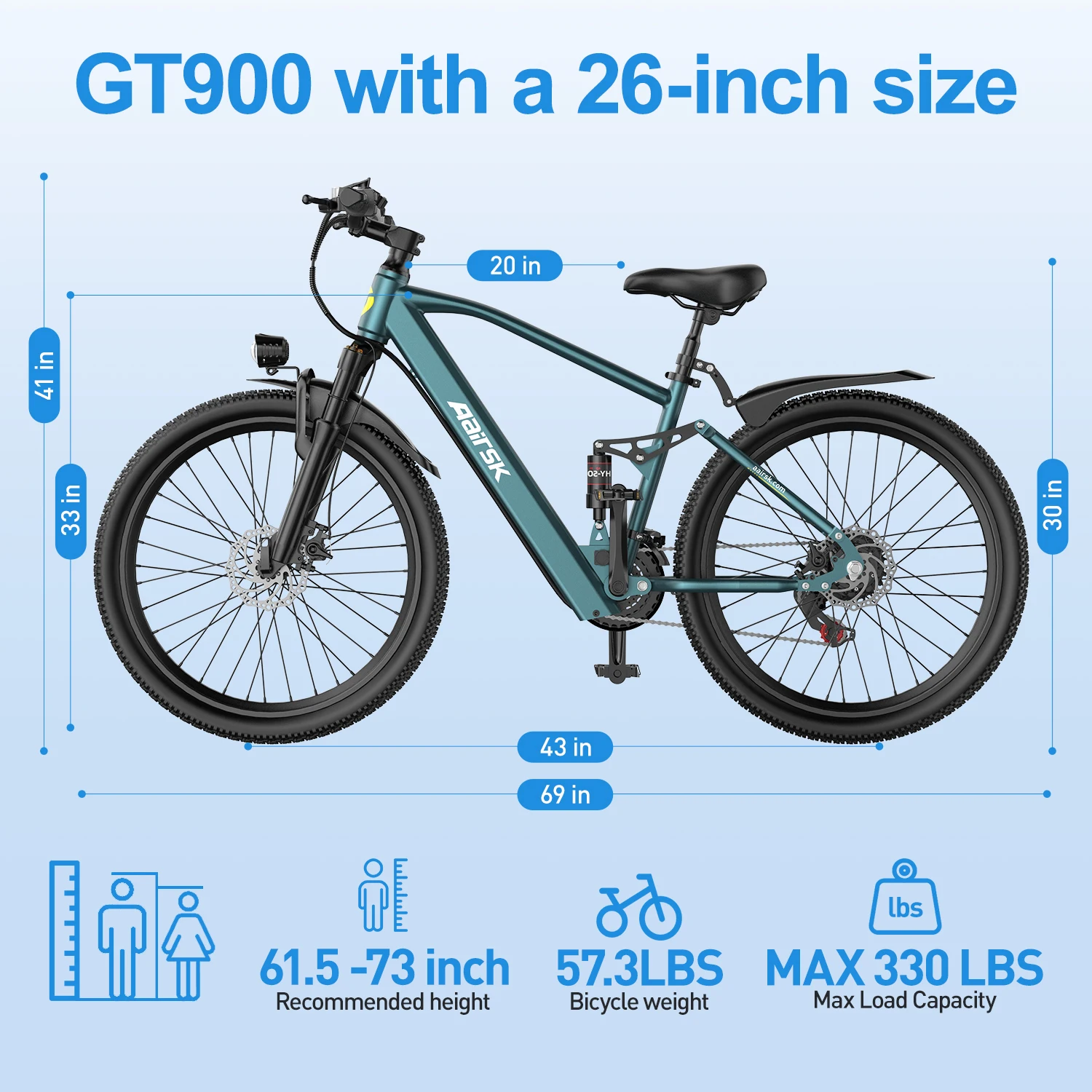 Aairsk Gt900 Elektrische Mountainbike Volledige Vering 21 Versnellingen 36V13Ah Batterij 40Km Bereik Nfc E-bike Off-Road Elektrische Fiets