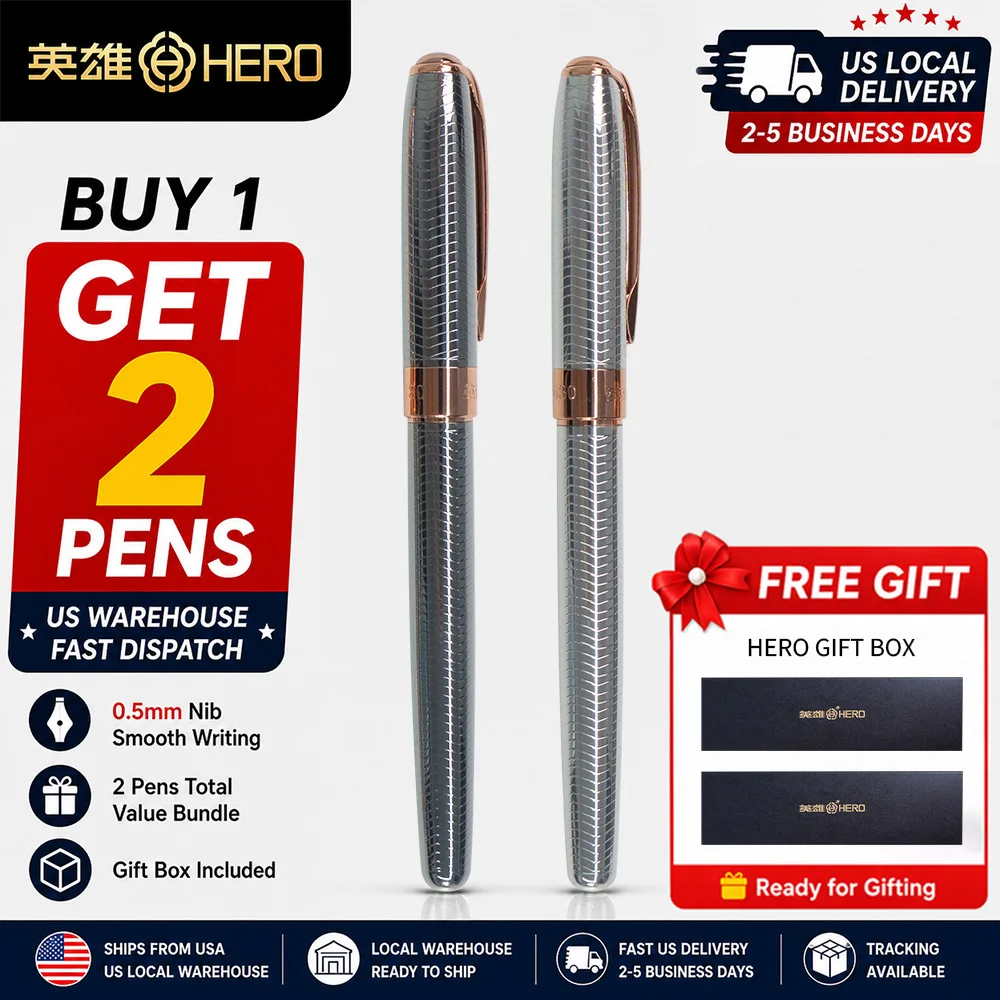 Hero 9630 Fountain Pen 0.38mm Hooded Iridium Nib All‑Metal Grooved Barrel, Dual Use Standard International Cartridge & Converter, Fingerprint‑Resistant Business Signature Writing Pen, Gift Box Set for Office School Journaling Daily Use Men Women