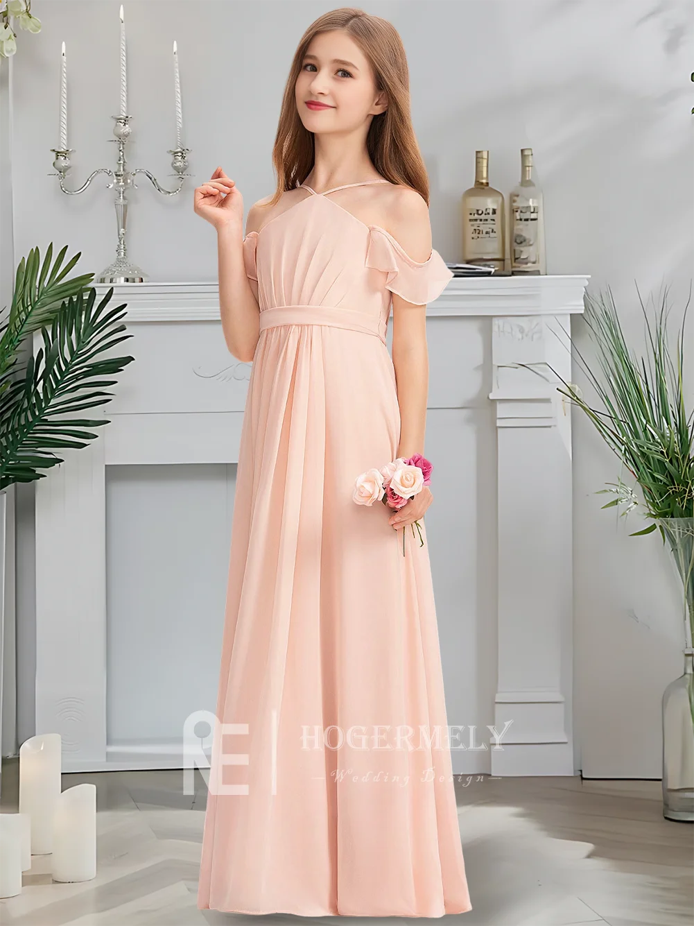 B キッズ ホルター ジュニア ブライズメイド ドレス ブラッシュ フラワー ガール ドレス フロアレングス シフォン カスケード リボン付き 聖体拝領パーティー