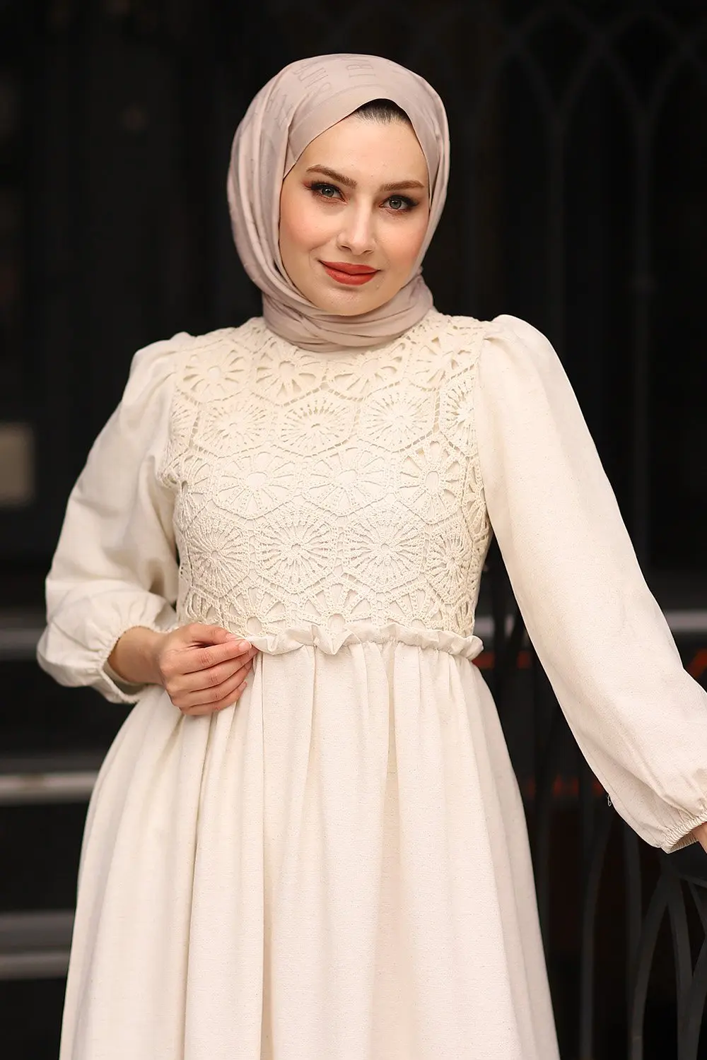 lace linen dress summer fashion turkish made muslim clothing stone color 20220037