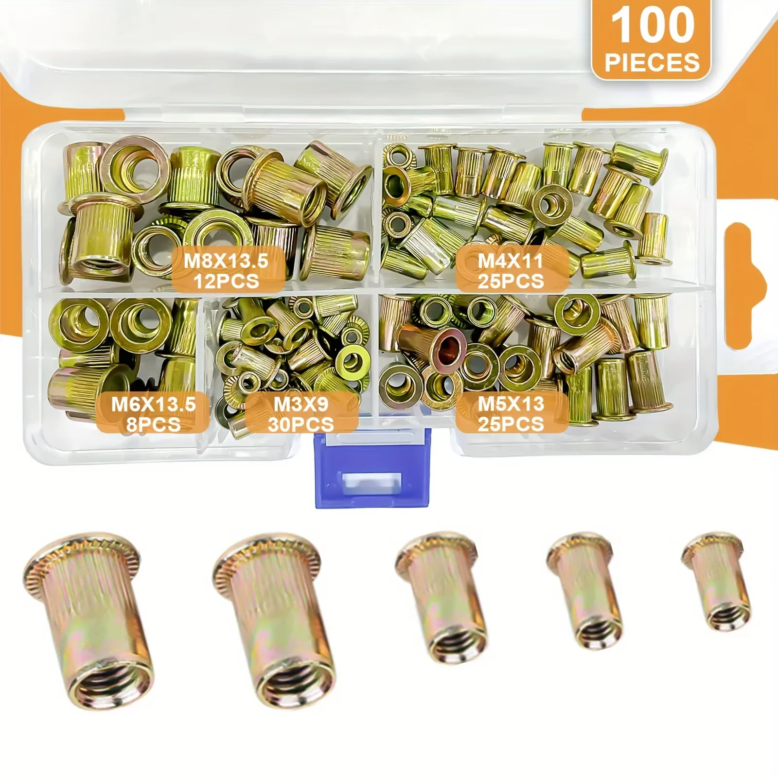 

VKKM 100Pcs Rivet Nut Kit, M3 M4 M5 M6 M8 Carbon Steel Threaded Insert Nuts Assortment, Zinc Plated Blind Rivet Nuts for Sheet Metal Automotive