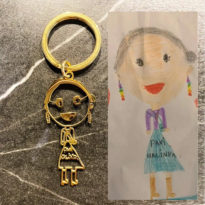 96 hours Shipment Customized Children\'s Drawing Keychain Kid\'s Art Personalized Keyring Stainless Steel Custom Design LOGO Gift