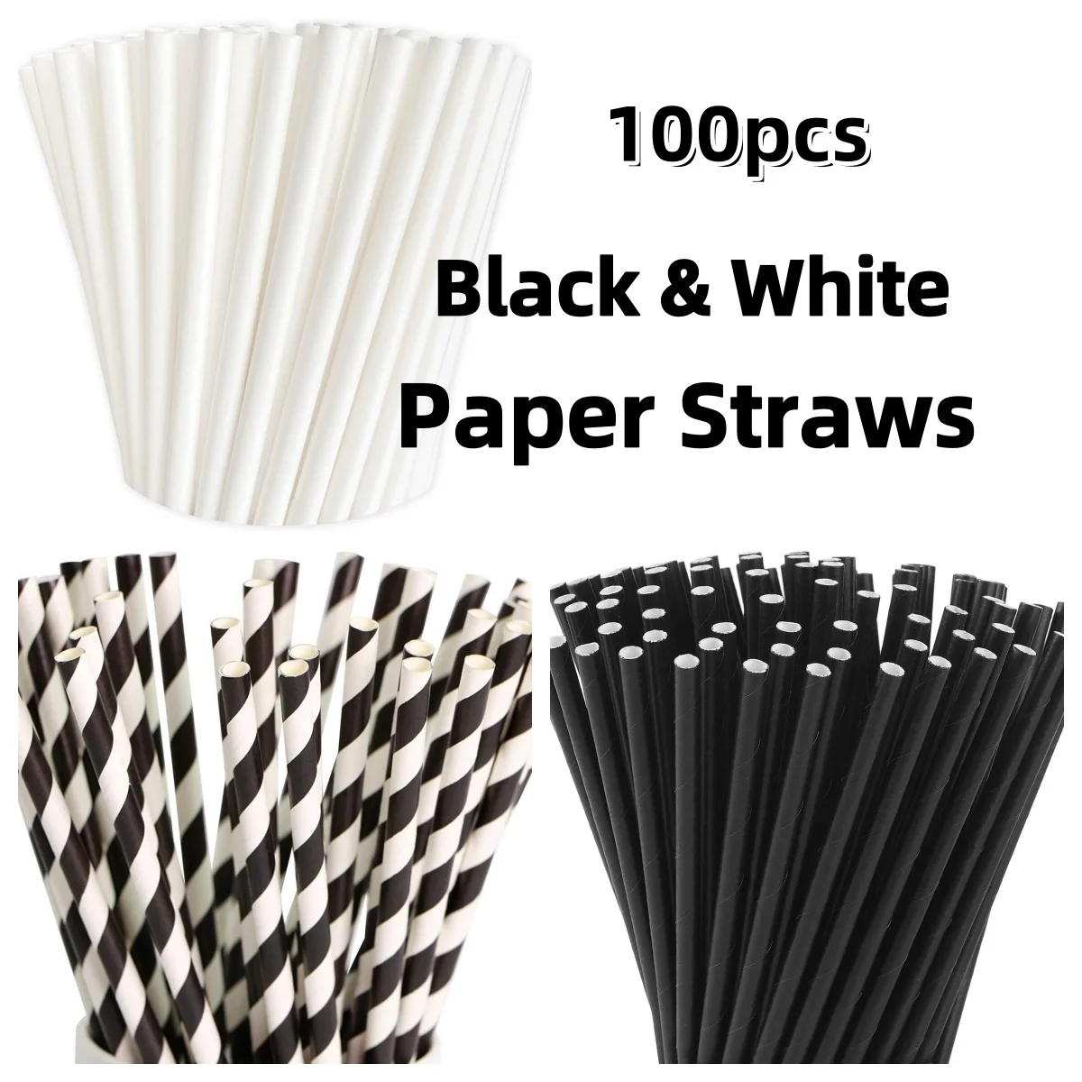 [100pcs] Biodegradable Striped Paper Straws for Party, Events and Crafts,Baby Shower Decorations 7.75 Inches, Black & White