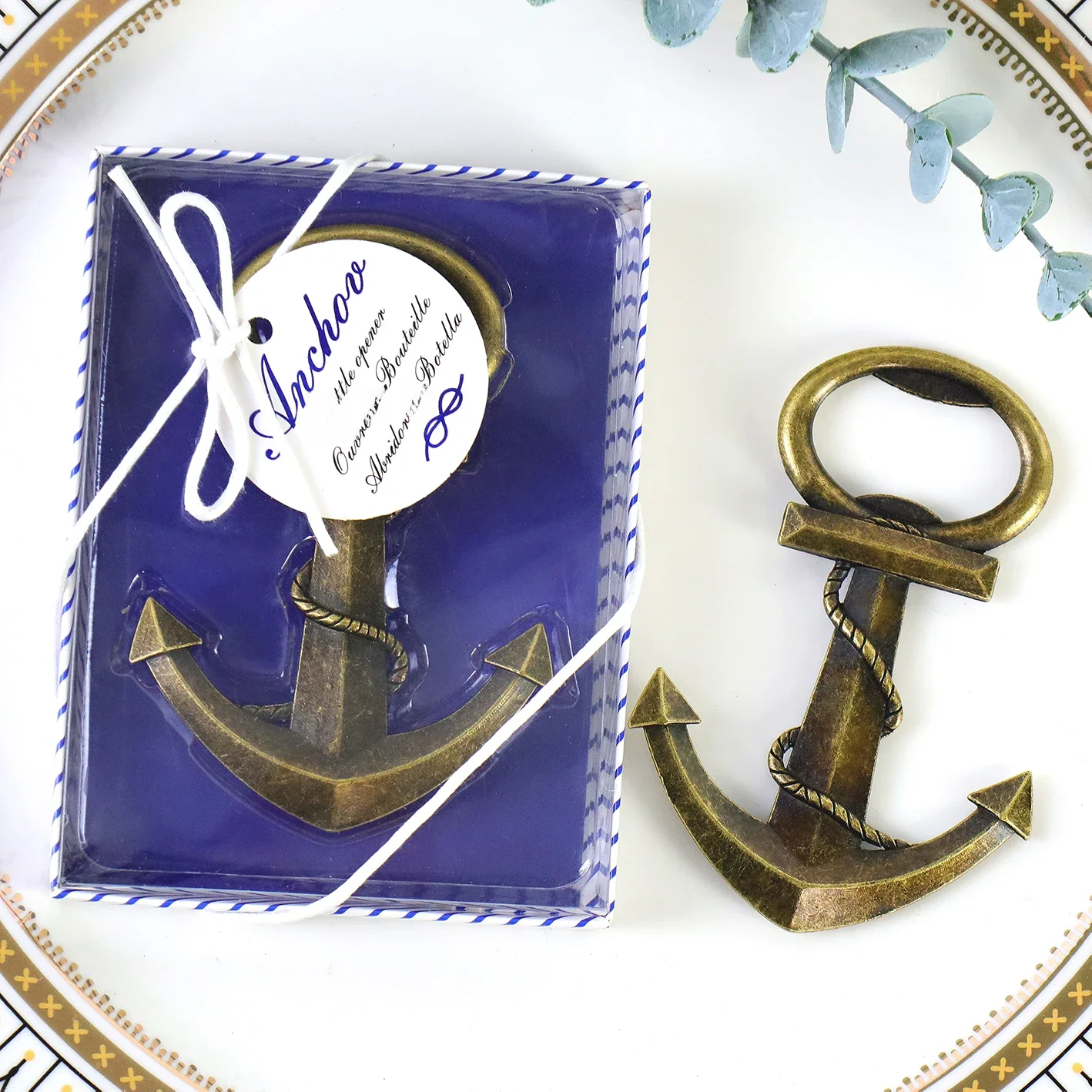 Aço inoxidável abridor de garrafas, Anchor Design, ouro envelhecido, comunhão Detalhes para os