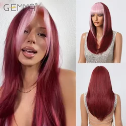 GEMMA Pink Bangs Cosplay Wig Synthetic Red Long Straight Layered Wigs for Women Halloween Party Natural Hair Heat Resistant